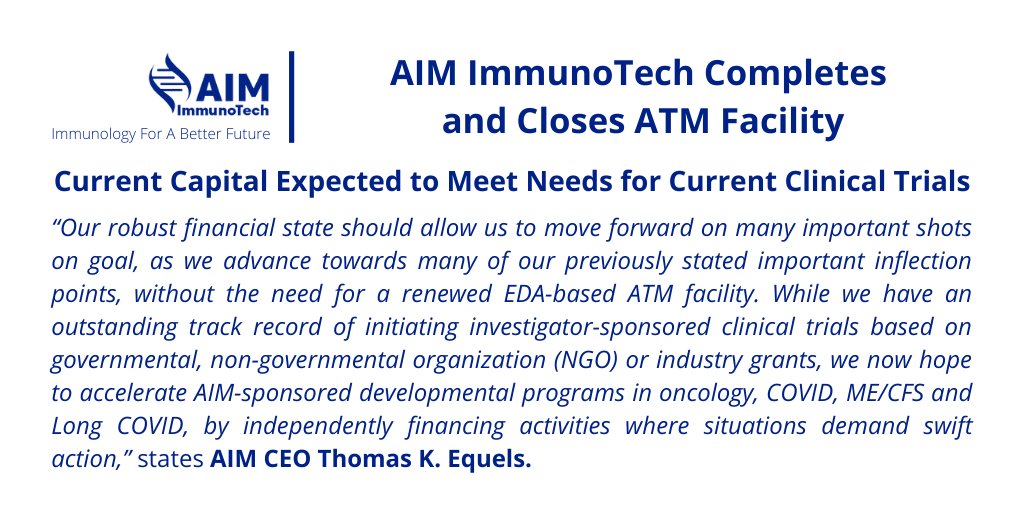 $AIM has completed its At-The-Market #ATM facility and closed the Equity Distribution Agreement. Management said AIM has adequate funds to meet anticipated operational cash needs and fund clinical trials for the next 24 months. #mecfs #LongCovid #COVID19