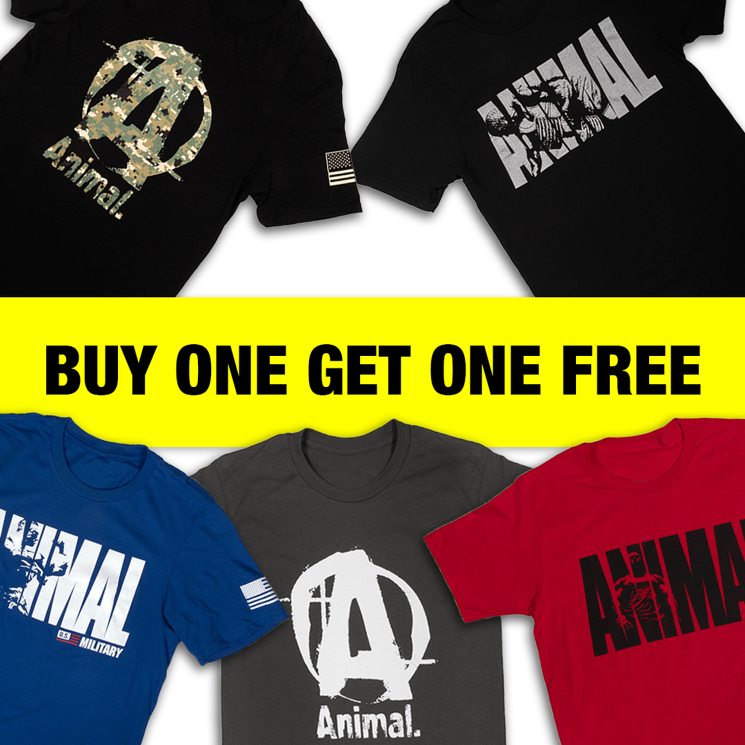 Animalpak's tweet photo. Need some new Animal threads? Now’s the time to stock up. When you buy one of these five tees, you get one free. They’re going to fly off the shelves because these styles are not coming back. Do it now, only at https://t.co/5xd0LBK0nZ
#IAmAnimal #BuiltForIronMadeForLife #GymGear https://t.co/ATrKX1hFHZ