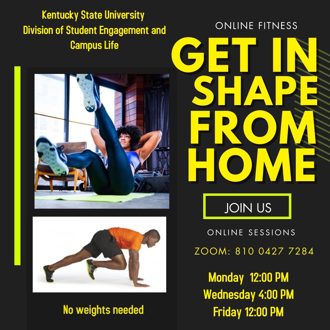KysuW's tweet photo. Are you looking to get in shape or incorporate physical activity into your weekly routine? If so, I got you covered. Starting on Monday, we begin our online fitness classes. 
*times and zoom information below.
*no weights are needed.
*students, faculty &amp; staff are welcome to join https://t.co/OEUVvcuqxL