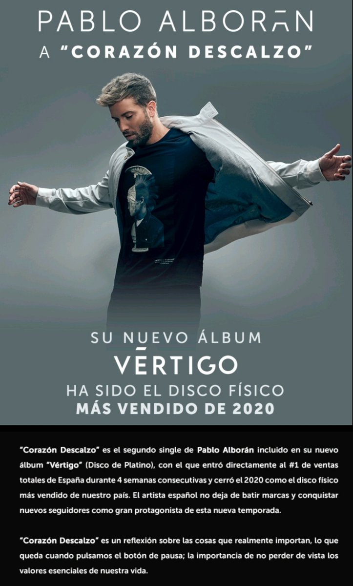 AlboranTeam's tweet photo. #Nota #CorazónDescalzo es el segundo single de @pabloalboran incluido en su nuevo álbum #Vértigo 👉🏼 https://t.co/6lzZ25Il5X con el que entró al #1 de ventas totales 🇪🇦 durante 4 semanas y cerró 2020 como el disco físico más vendido de nuestro país.

+Info https://t.co/NUlyMfjaDG https://t.co/ImOzzeshPF
