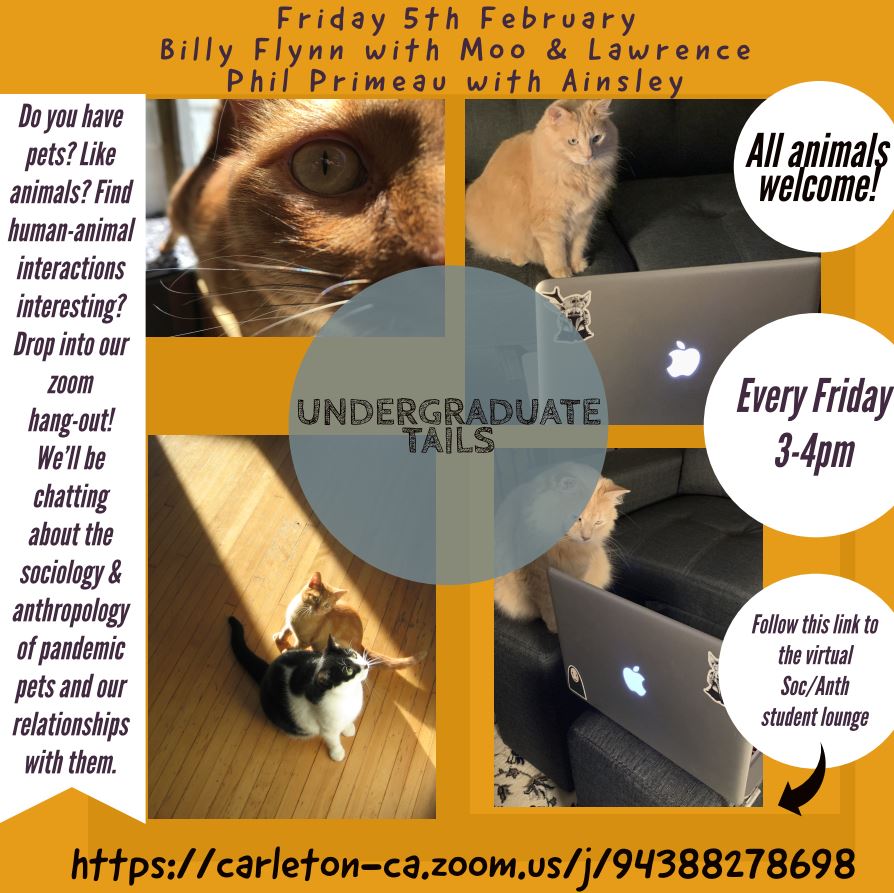 CUSocAnth's tweet image. Do you have a pet you want to show off? Or love to look at other pets? Join Dr. Flynn &amp;amp; Phillip Primeau from @DepartmentPod today @ 3PM to chat about pandemic pets &amp;amp; our relationships with them. Join us for "Undergraduate Tails" every Friday from 3-4PM! bit.ly/2MuD5zm