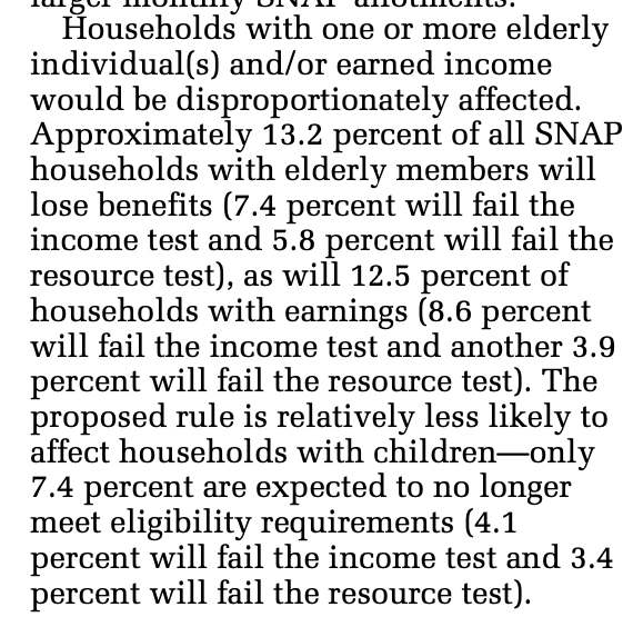 Trump admin estimates % of current SNAP participants who would lose benefits w/out cat el: 13% of elderly 13% of workers7% of fams w/kids