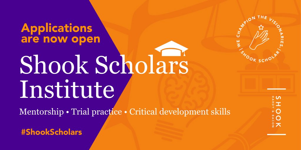 Applications are open for the 2021 virtual Shook Scholars Institute for first-year law students looking to gain trial practice experience and network with attorneys across the country. Learn more and apply online. #ShookScholars 
ow.ly/qJMJ102wlFl