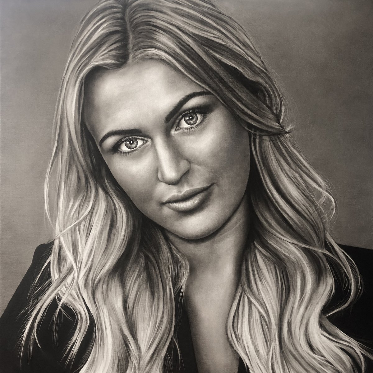 Met veel plezier portretteerde ik de mooie, bekende Daphne. Ze heeft 113.000 volgers op Instagram. Olieverf op linnen 80x80cm.  instagram.com/daphnevankerkh…
