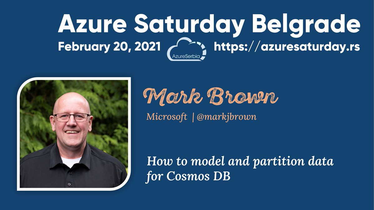 Azure Saturday Belgrade (@azureinbelgrade) on Twitter photo 👉👉 Azure Saturday Speakers 👈👈
We are delighted to have <a href="/markjbrown/">Mark Brown</a> as a speaker this year. Let's join the session "How to model and partition data for Cosmos DB" dive deep into <a href="/AzureCosmosDB/">Azure Cosmos DB</a> modeling.
#azuresaturday #azureserbia #communityrocks 👉👉 Azure Saturday Speakers 👈👈
We are delighted to have <a href="/markjbrown/">Mark Brown</a> as a speaker this year. Let's join the session "How to model and partition data for Cosmos DB" dive deep into <a href="/AzureCosmosDB/">Azure Cosmos DB</a> modeling.
#azuresaturday #azureserbia #communityrocks