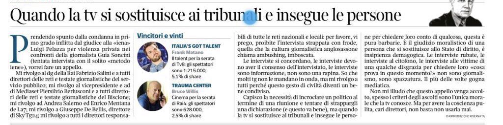 stanzaselvaggia's tweet photo. Aldo Grasso sulla tv che si sostituisce ai tribunali. https://t.co/VQs0drtZOa