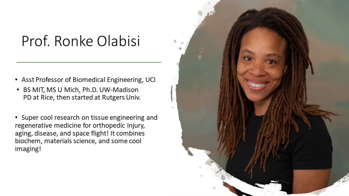 Prof Ronke Olabisi  @olabisilab  @UCIengineering is a Sr researcher hiding as an ECR. She has already made numerous landmark contribs that advance the impact of  #tissueengineering.  #spacetravel  #womeninstem http://www.olabisilab.com/ 