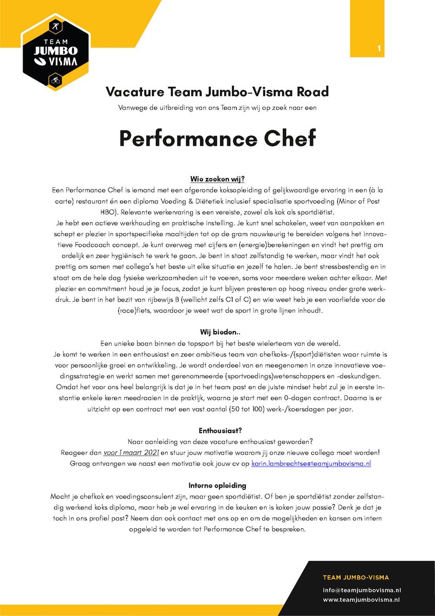 KLambrechtse's tweet image. Kom jij ons versterken in de topsportkeuken? 🍴💪🚴‍♂️👩‍🍳👨‍🍳 Wij zoeken nog een collega! #Performancechef #Jumbofoodcoach @JumboVismaRoad #vacature