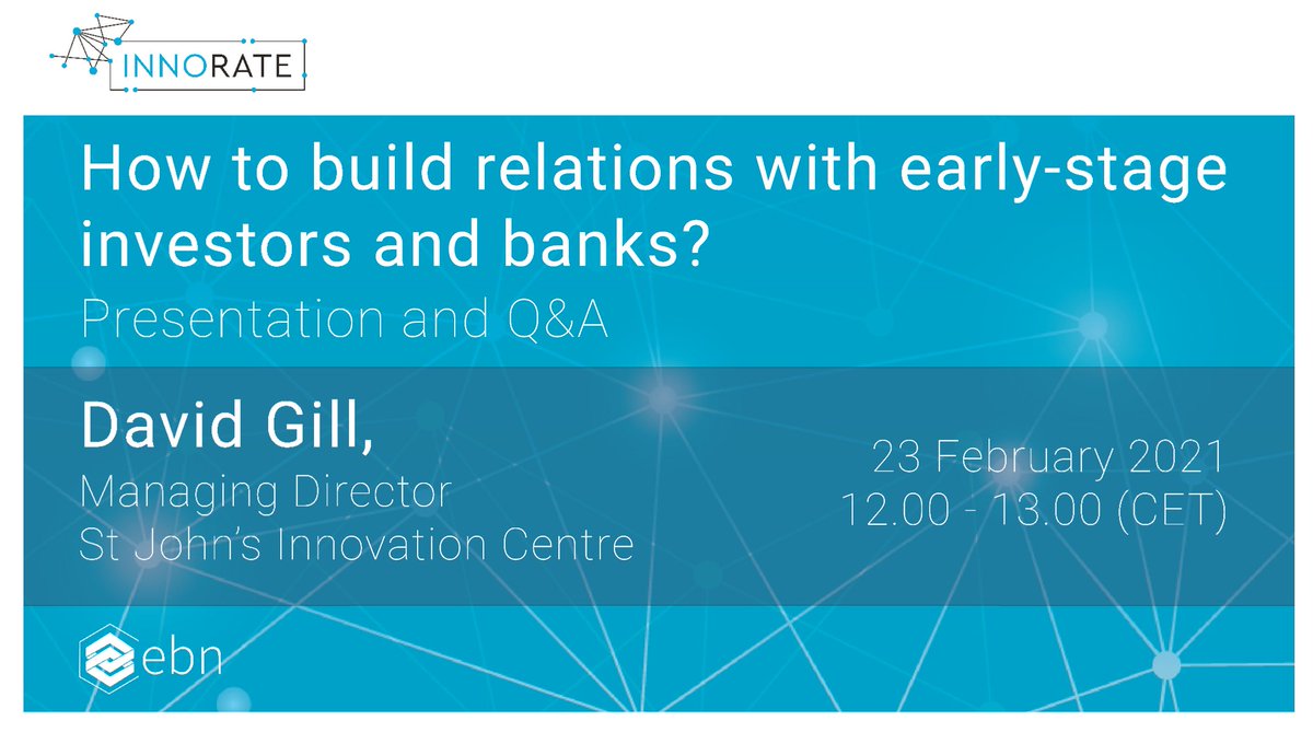 ArcaIncubatore's tweet photo. RT @innorateproject: In 2021 #InnoRate continues its investment-readiness series! We start with a webinar on how to build relations with early-stage investors and banks - with David Gill, Managing Director of @StJohnsCentre. Join us on 23/02!
More in… https://t.co/RWBxcG3JdZ