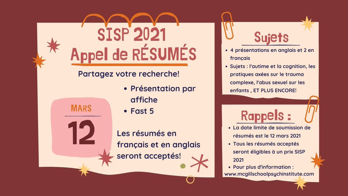 McGill_SISP's tweet photo. ABSTRACT SUBMISSION FOR POSTERS AND FAST 5 NOW OPEN! DEADLINE MARCH 12 2021.
#schoolpsychology #conference #research #psychology #education #educationalpsychology #researchers https://t.co/MyFpec9Shn