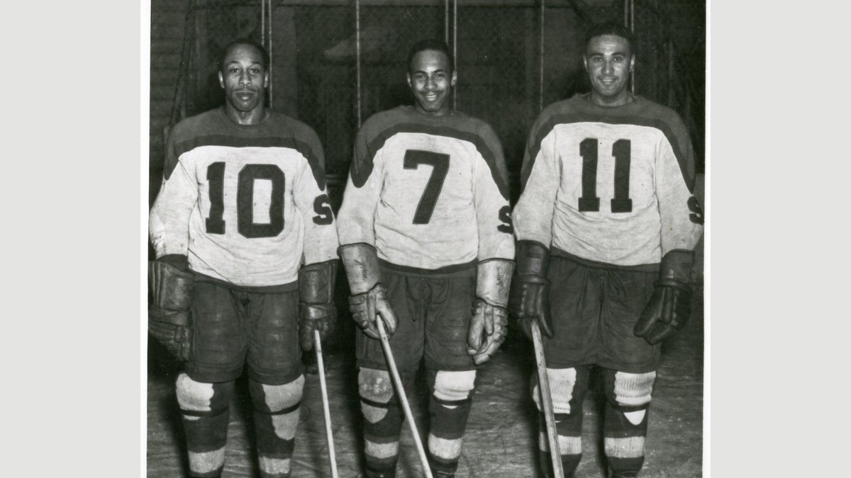 The famous all-Black line of (L-R) Ossie Carnegie, Herb Carnegie and Vincent 'Manny' McIntyre first played together in 1941 in Timmins, ON and would continue to play together in Shawinigan Falls and Sherbrooke, QC.  #BlackHockeyHistory |  #BlackHistoryMonth  