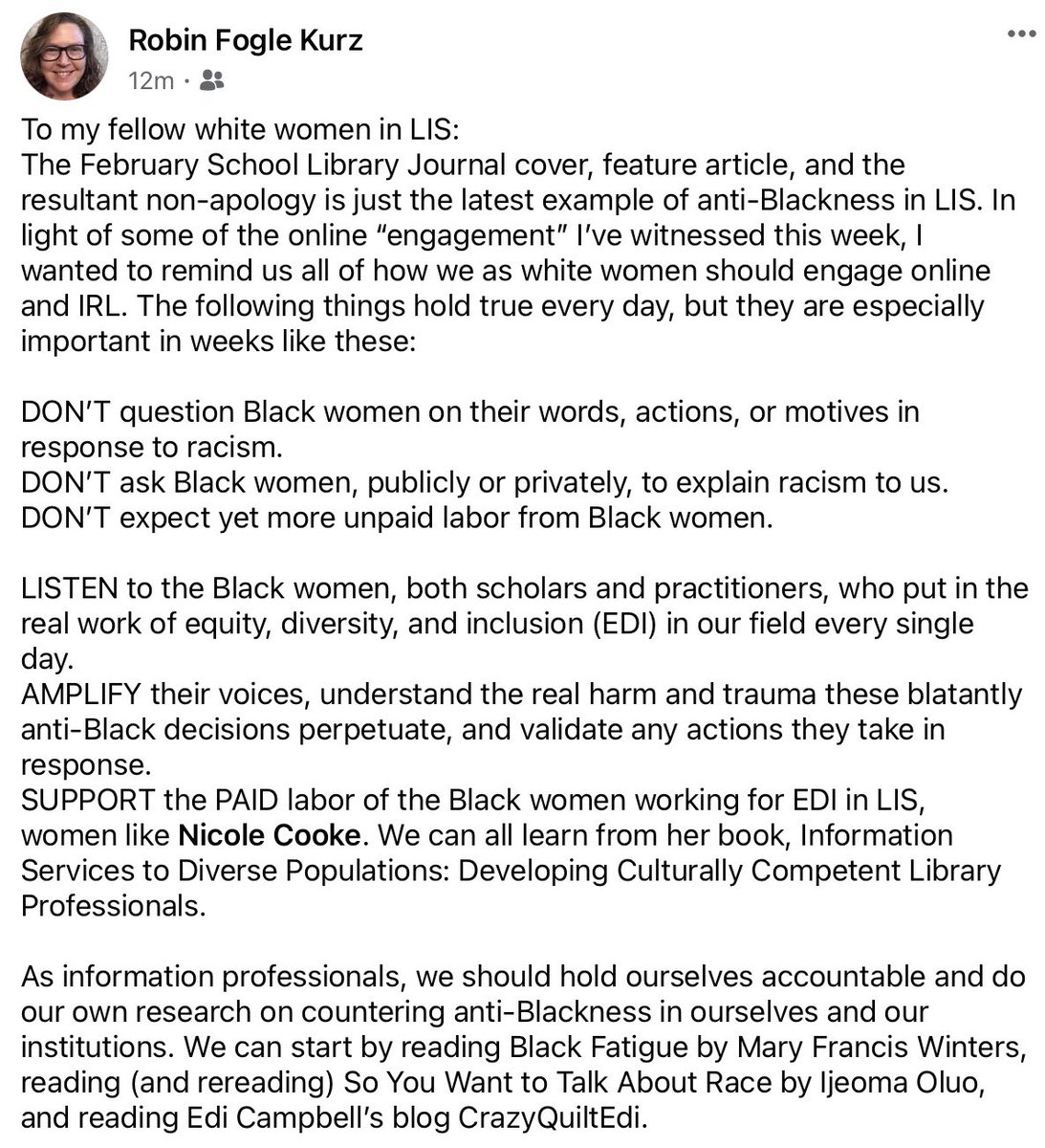 WriterRobinBird's tweet image. My Facebook response to how white women are treating Black women this week about the February SLJ issue.