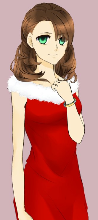 Maia, the Christmas Otome MC, dressed as Mrs Claus