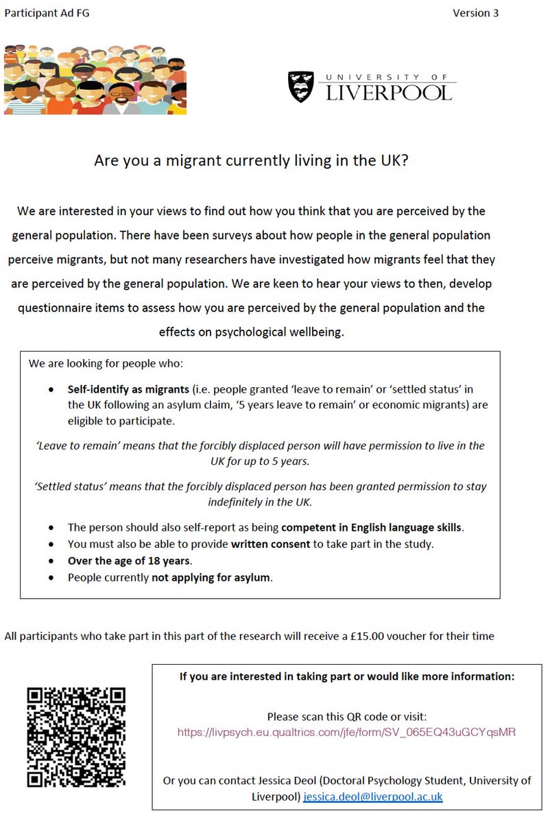 RossGWhite's tweet image. RECRUITING NOW! Exciting opportunity for #EconomicMigrants and #Refugees to share their views about how the general population perceive them. 

Please take part &amp;amp; share the link to allow others to participate in the online study. Click here: 

livpsych.eu.qualtrics.com/jfe/form/SV_06… @MPPASUK