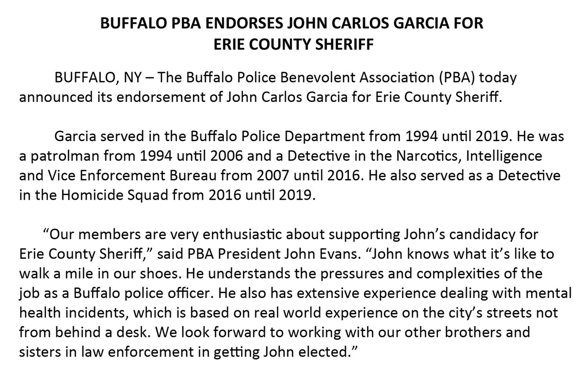 BfloPBA's tweet photo. The #BuffaloPBA today announced its endorsement of John Carlos Garcia for Erie County Sheriff. #BfloPBA https://t.co/IJHYCdTbHy