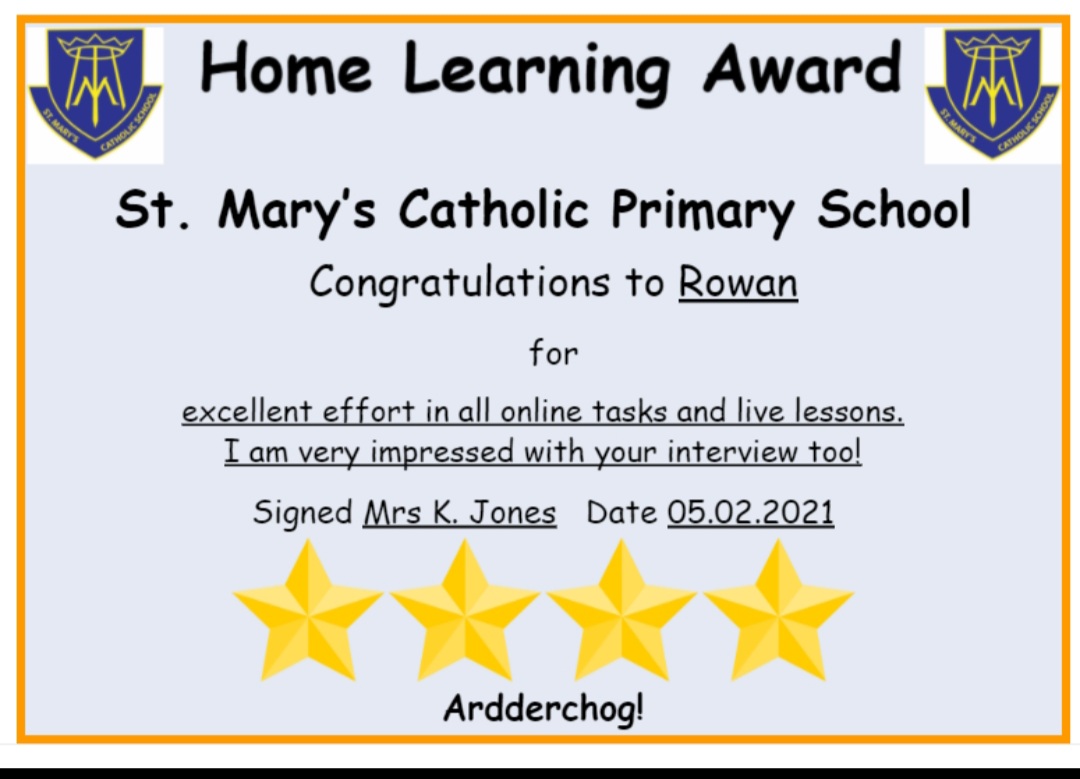 marys_rc's tweet photo. I am very proud to present our home learning award this week in Blwyddyn 4 to Rowan.
You have put 100% effort into all online tasks and your interaction in live lessons is fantastic.
I loved your interview with Gareth Bale too. Bendigedig! #homelearning
#ambitiouslearner https://t.co/JhCUV7G0cC