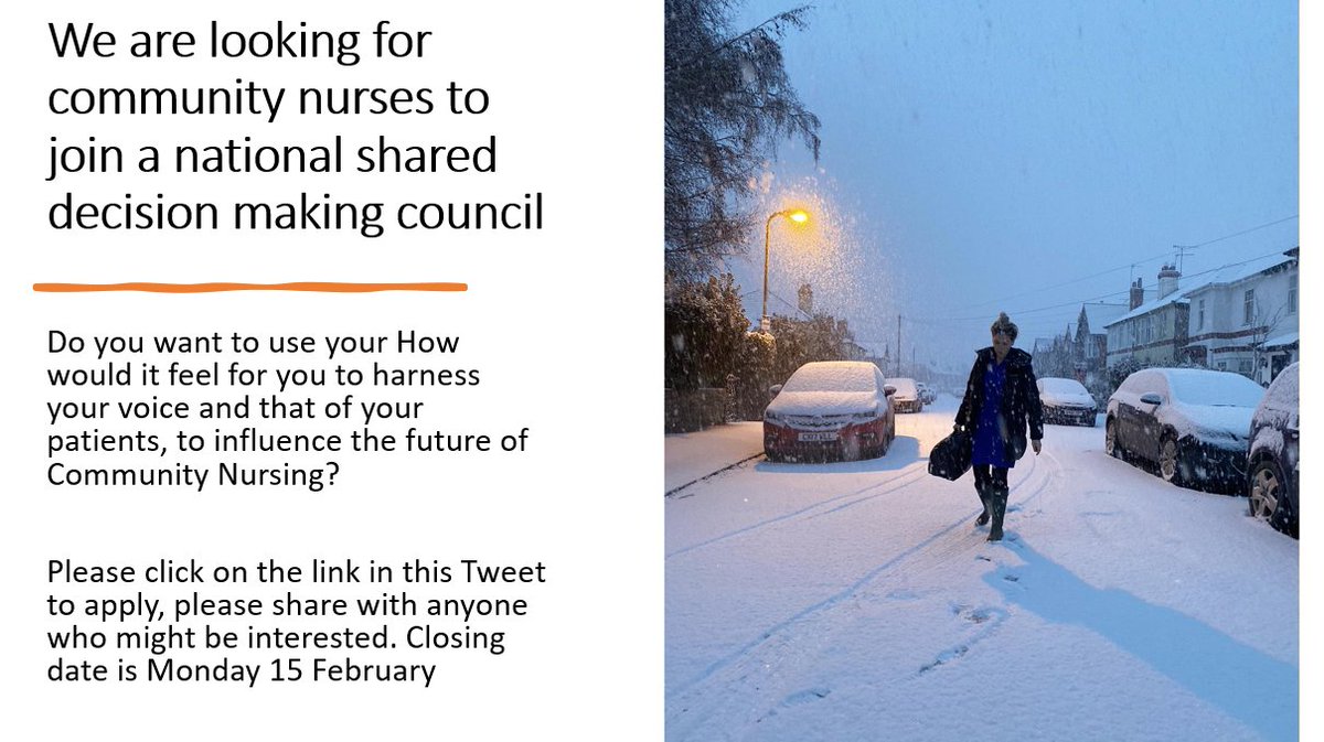 Community Nurses passionate about service improvement wanted for the @CNOEngland National Shared Professional Decision Making Council for Community Nursing Visit s.surveyplanet.com/6C5NZ5RTt #communitynursing #teamCNO #1ProfessionalVoice  <a href="/SamSherrington/">Sam Sherrington RN DN QN FQNI MSc 💙</a>