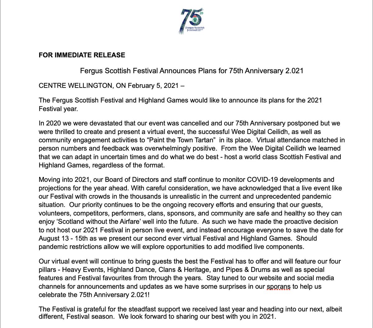 FergusScotFest's tweet photo. The Fergus Scottish Festival and Highland Games would like to announce its plans for the 2021 Festival year. https://t.co/YPWjT2lh4L