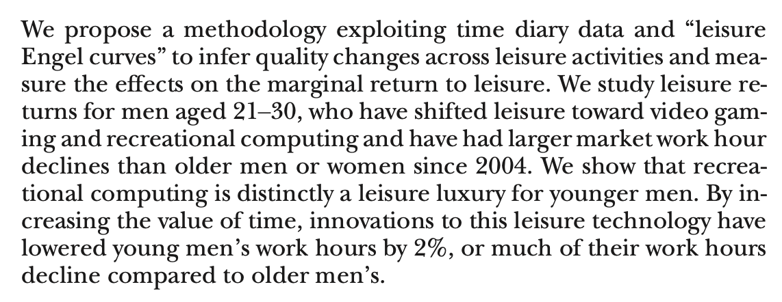 Some key claims by Aguiar, Bils, Charles and Hurst in this paper, now in JPE:(1) we can "infer quality changes" in leisure from time use data (specifically aggregated ATUS data), and(2) innovations in recreational computing lowered 21-30 year old men's work hours by 2%.