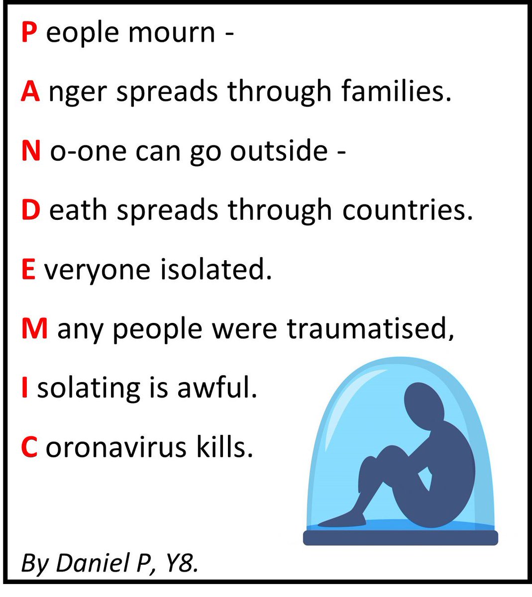 My year 8 pupils used their poetry lesson today to explore and express their thoughts on the pandemic. 🦠

Daniel shared an emotive acrostic example.

<a href="/ValleyLAcademy/">The Valley Leadership Academy</a> <a href="/StarAcademies/">Star Academies</a> #poetry #lockdown #exploringemotions #teamEnglish #pandemic #wearestar #poetryvarsity