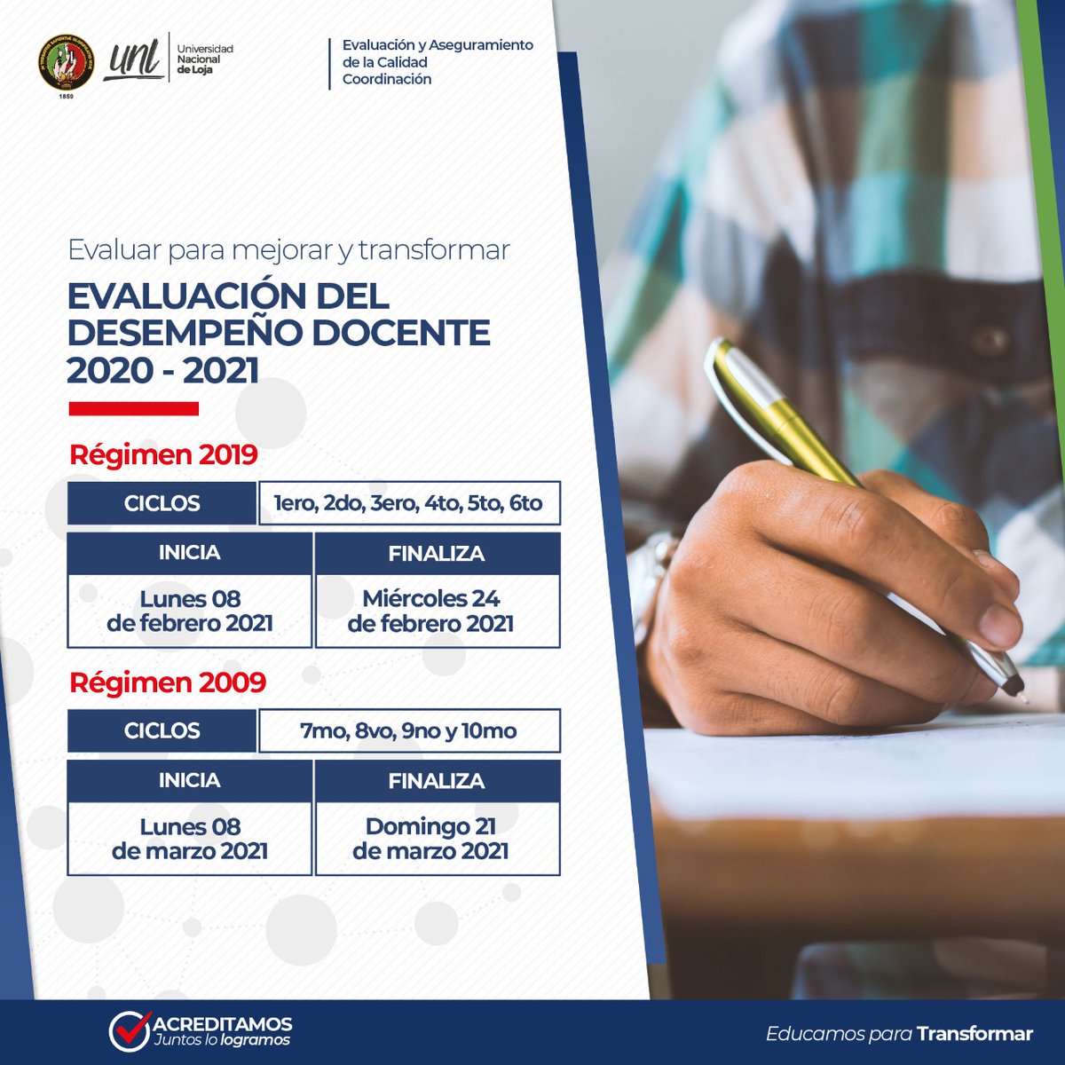 UNLoficial's tweet photo. Evaluación Docente, una oportunidad para mejorar ✅

Invitamos a todos los docentes y estudiantes a participar de este proceso, según las fechas establecidas por regímenes ⬇️

#EducamosParaTransformar https://t.co/K2XzezoVTm