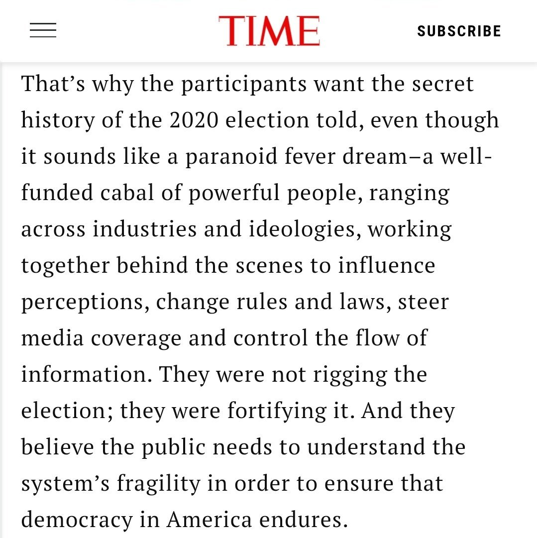 This article is so fully insane, and the most insane part to me is that they had the audacity to put print "the quiet part out loud" in Time Magazine. https://time.com/5936036/secret-2020-election-campaign/