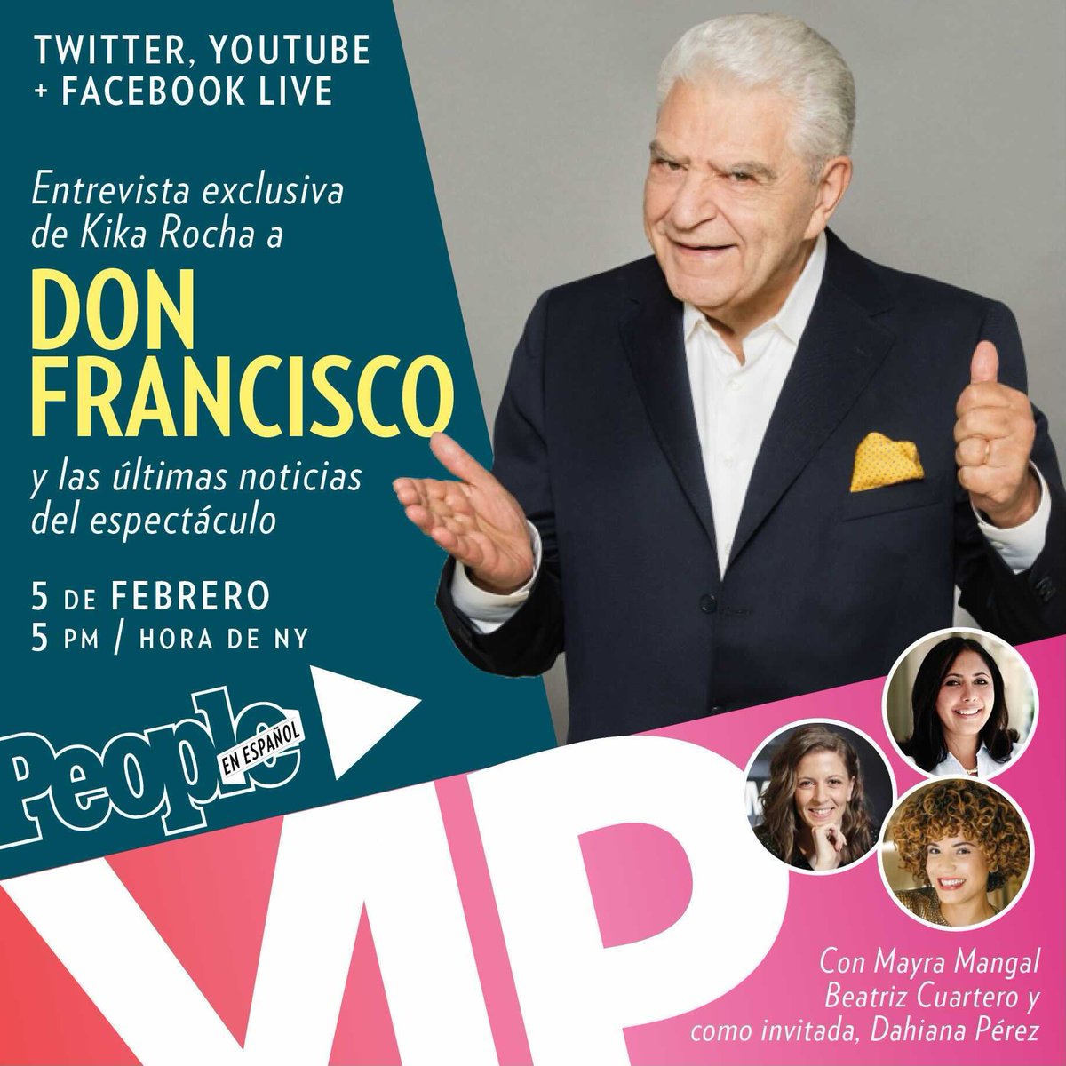 Nos vemos hoy a las 5:00 PM hora de NYC #PeopleVIP <a href="/peopleenespanol/">People En Español</a> <a href="/siempremujer/">SM</a> <a href="/BeaCuartero/">Beatriz Cuartero</a> <a href="/KikaRochaModa/">Kika Rocha</a> #DonFrancisco 📺 facebook.com/watch/peopleen… youtube.com/user/Peopleesp…