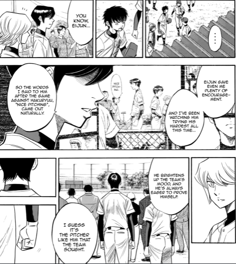 but most of all, i know i sound cringey, but furusawa found a friend in each other. - please furuya thinking eijun is the best in japan AND his entire spiel on how he's always admred eijun. furuya found a player he ADMIRES in his rival. +