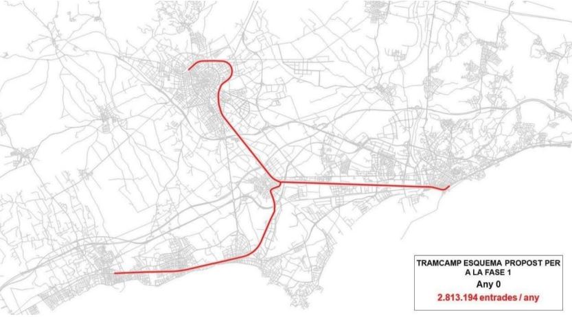  1a fase: nou ramal de connexió Cambrils – Salou – Vila-seca i servei per la línia actual Tarragona – Reus d’Adif. Per la primera part, s’utilitzaria la connexió actual en desús fins a Port Aventura, des d’on sortiria el nou ramal cap a Vila-seca, amb més estacions.