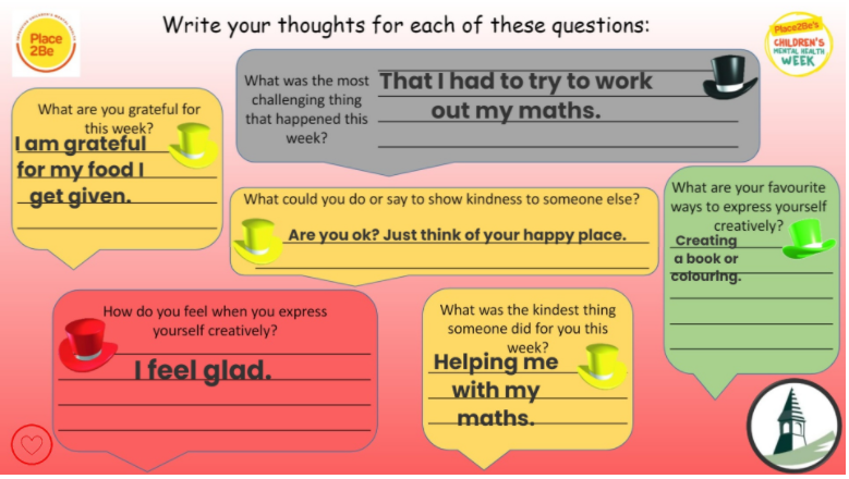 GordonCA_TSAT's tweet photo. It has been an amazing #ChildrensMentalHealthWeek We celebrated on Wednesday by reflecting on what 'Express Yourself' mean to staff and children! First we used our #thinkinghats to reflect on our feelings and what we are grateful for. #thinkinginclusively @Place2Be https://t.co/JWPR6xbkJH