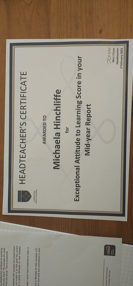 hinchlif's tweet photo. @PATCarletonHigh so proud of my daughter Michaela - one of the highest effort scores for her year group.  Thank you Carleton - it's a great school 😀 https://t.co/joZFLNF8Qc
