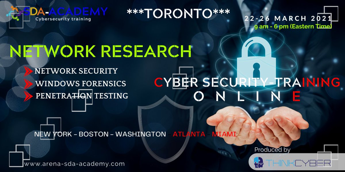 Securedigitale's tweet image. **** Cybersecurity Training &quot;NETWORK RESEARCH&quot; ****
Registrations for the 22-26 March 2021 session are now opened!
****** TORONTO March 2021 ****** Enroll now !

lnkd.in/dJQsmWH 

#cybersecurity_training #Hands_on_simulator #cyber #live_Instructors #Real_world_Scenarios