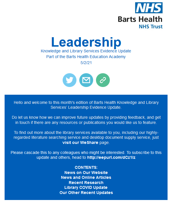 Barts Health Knowledge and Library Services (@bartsnhslibrary) on Twitter photo Just in time for the #weekend... <a href="/bartsNHSlibrary/">Barts Health Knowledge and Library Services</a>'s latest monthly #Leadership Evidence Update is out now!
Read about the latest #news, #guidance and #research here:
mailchi.mp/9b274ae94a4e/l…
Subscribe to this & other updates: eepurl.com/dCz1lz
#Leaders #Leading Just in time for the #weekend... <a href="/bartsNHSlibrary/">Barts Health Knowledge and Library Services</a>'s latest monthly #Leadership Evidence Update is out now!
Read about the latest #news, #guidance and #research here:
mailchi.mp/9b274ae94a4e/l…
Subscribe to this & other updates: eepurl.com/dCz1lz
#Leaders #Leading