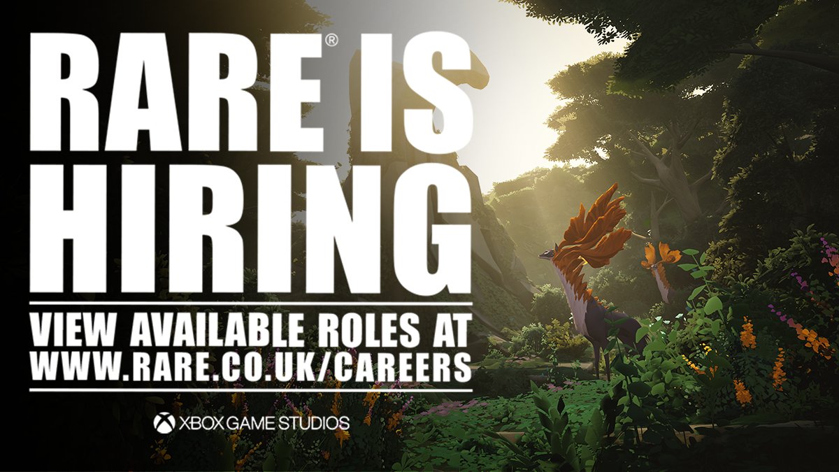 A pair of deer-like creature stand on the right, while the words 'Rare is Hiring, view available roles at www.rare.co.uk/careers' looms on the left.