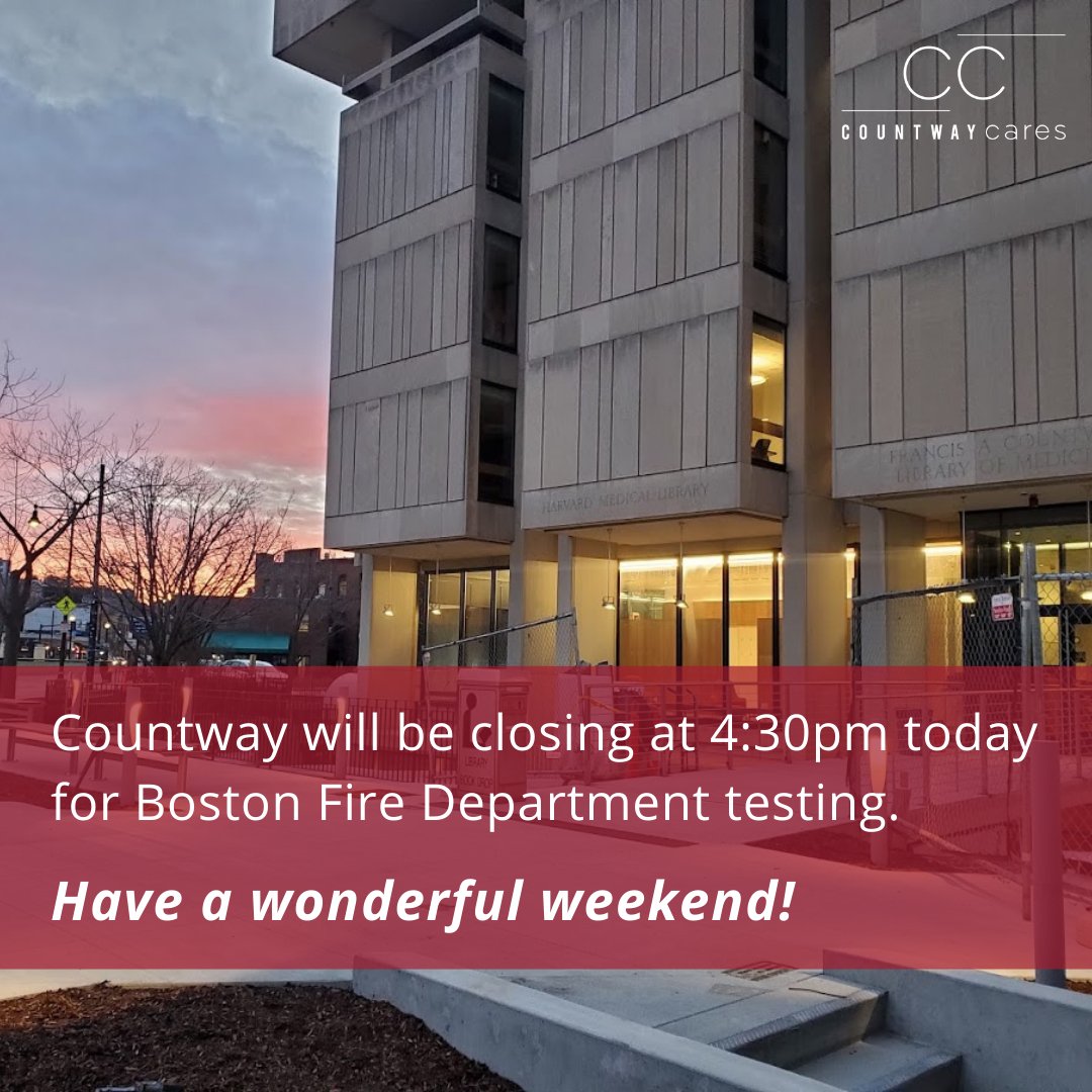 HMSCountway's tweet photo. #Countway will be closing at 4:30pm EST today for Boston Fire Department Testing. Have a wonderful weekend! #keepingyousafe #closingearly #connectwithcountway #studyspace #harvardlibraries #medicallibrary #medlibs #harvard @HarvardMed @HarvardChanSPH @HMSpostdoc https://t.co/uNv3krShb6