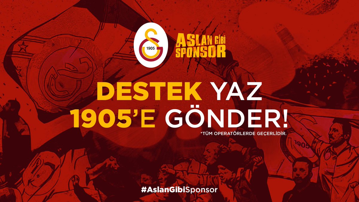 GalatasaraySK's tweet photo. Haydi büyük Galatasaray taraftarı #AslanGibiSponsor 🦁 kampanyasına şimdi SMS ile destek olma zamanı!

Tüm operatörlerden DESTEK yazarak 1905'e göndereceğiniz SMS ile kulübümüze anında 30 TL'lik katkıda bulunabilirsiniz. 📲 https://t.co/8Q00PgKJzD