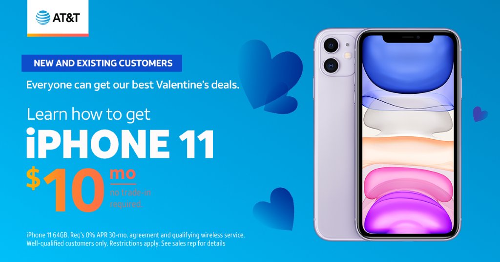 ATT_GrandSt's tweet photo. Ready to upgrade or add a new line? Treat yourself to an iPhone 11 this #ValentinesDay for only $10/mo. Visit us at 692 Grand St Brooklyn, NY 11211 to learn more, or schedule a one-on-one appointment at your convenience here: https://t.co/hSyh4AjS1v #ValentinesDayDeals #iPhone11 https://t.co/b0IMFa1gHu