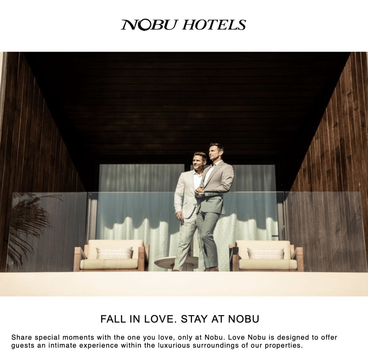 Good on you, @NobuHotels - so pleased to see an inclusive, #LGBTQ+ positive campaign for your Valentines Day newsletter! ❤️ #LoveIsLove #keepyourmindtravelling

#diversity #diversityandinclusion #inclusivetravel #woketravel