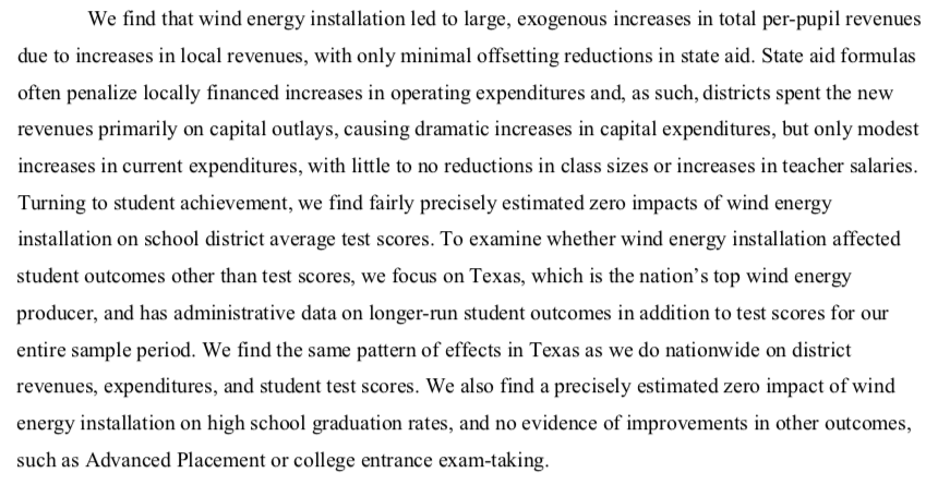 Interesting new study showing that new money for schools from wind energy installations did *not* have any clear effects on student outcomes.  https://www.edworkingpapers.com/sites/default/files/ai21-352.pdf