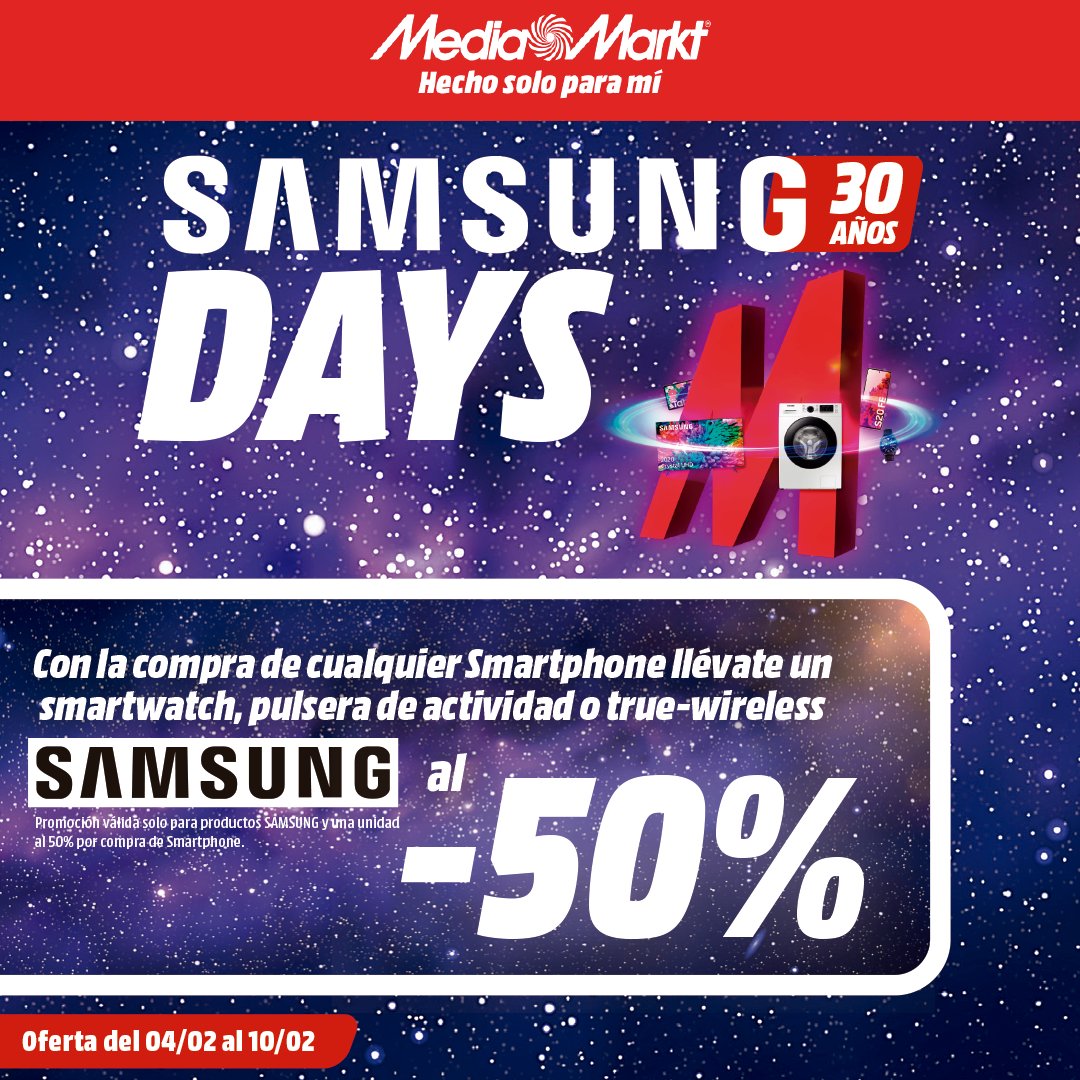 MediaMarkt_es's tweet photo. ⌚️ Llévate al -50%💫 tu smartwatch, pulsera de actividad o true-wireless al pillarte tu nuevo móvil Samsung 📲 durante nuestros #SamsungDays

ℹ️ Si compras el smartphone Galaxy A51, el smartwatch Galaxy Watch3 lo tendrás al -50%

Descúbrelo 👉 https://t.co/k2Z1cbbgTT https://t.co/oWzekF8cLF