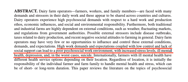 10/ But please. Don't believe me. Here's an *agricultural* university's study on working in dairy. They found the same – whether it was a small farm, or factory farm.  https://www.researchgate.net/publication/248703754_International_Perspectives_on_Psychosocial_Working_Conditions_Mental_Health_and_Stress_of_Dairy_Farm_Operators