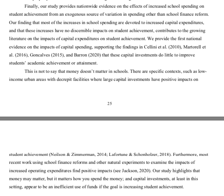 Obviously this differs from most other recent research on school spending (eg  https://www.chalkbeat.org/2019/8/13/21055545/4-new-studies-bolster-the-case-more-money-for-schools-helps-low-income-students). Here they find that most new spending went toward capital expenditure rather than say paying teachers more or reducing class size.