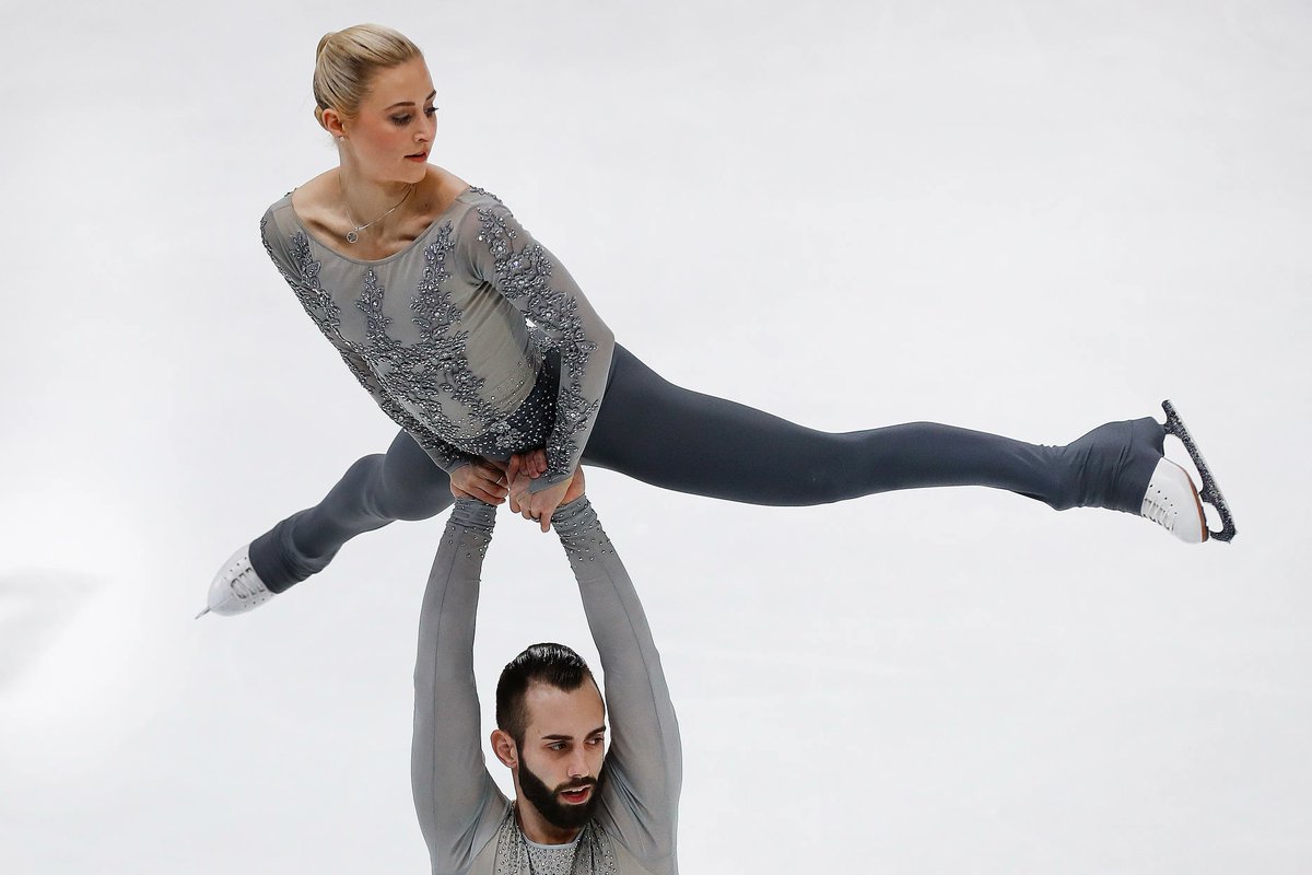 2019: Ryabenko’s current signature style of heavy use of appliqués in her clients extends to other disciplines and countries, seen seen pairs skater Ashley Cain, and singles skaters Kaori Sakaomoto.