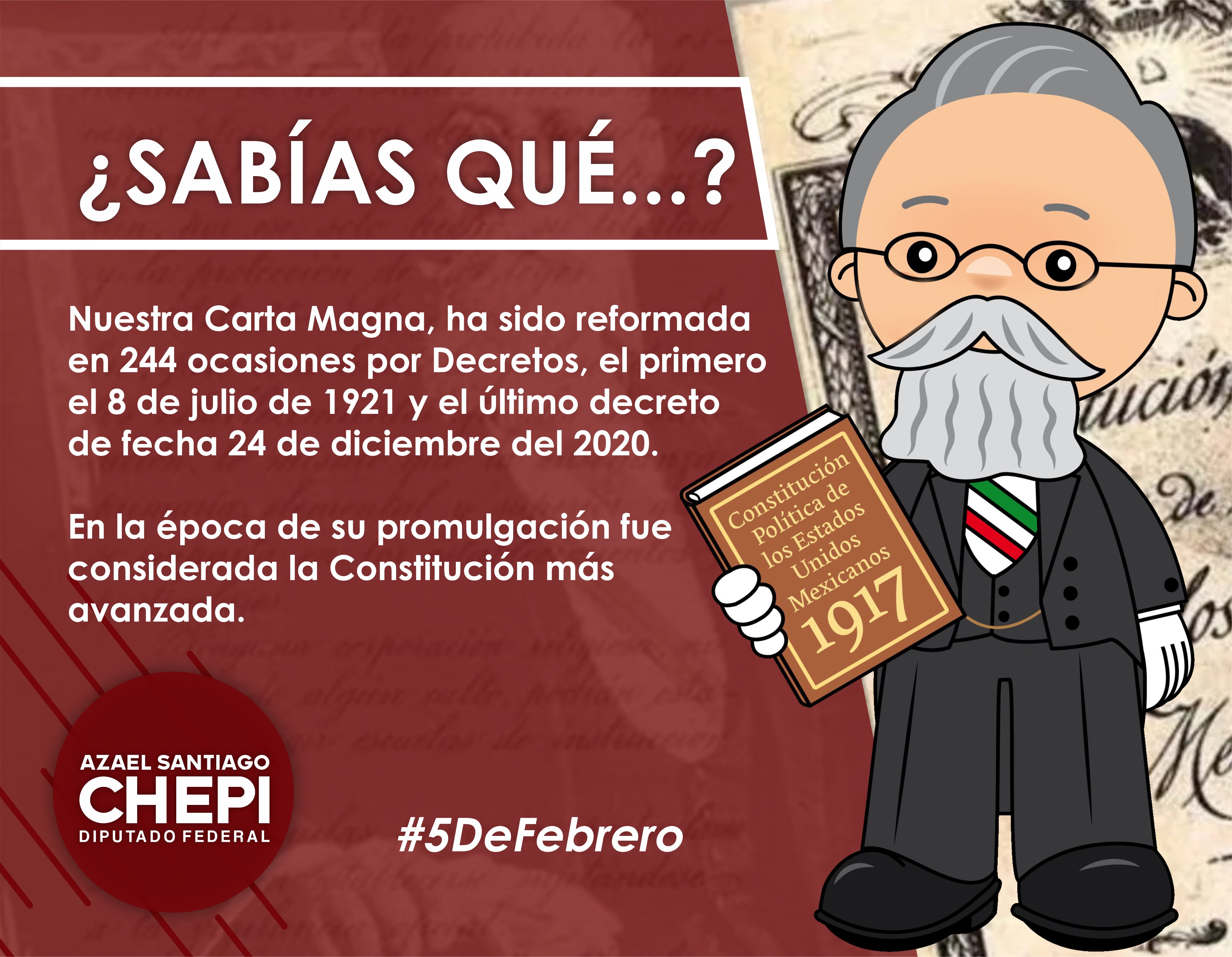 توییتر \ Azael Santiago Chepi در توییتر: «El 5 de febrero de 1917 fue  promulgada la Constitución Política de los Estados Unidos Mexicanos, hoy  celebramos su 104 aniversario.🇲🇽🥳 📖Les comparto el siguiente