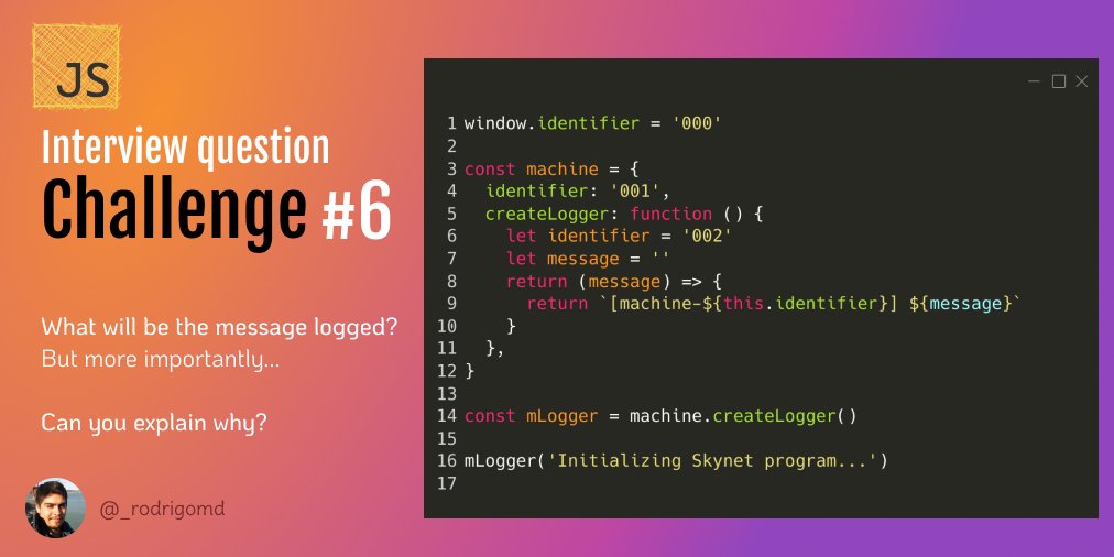 _rodrigomd's tweet photo. JS Challenge 6 🥳🏆
⚡️This was a real interview question⚡️
Can you solve it? The explanation here is more important than the correct solution
Can you identify the tricks and possible misleading clues?
#JavaScript #Coding #CodeNewbies #100DaysOfCode #JSTipsByRod https://t.co/DEAEJEMgp7