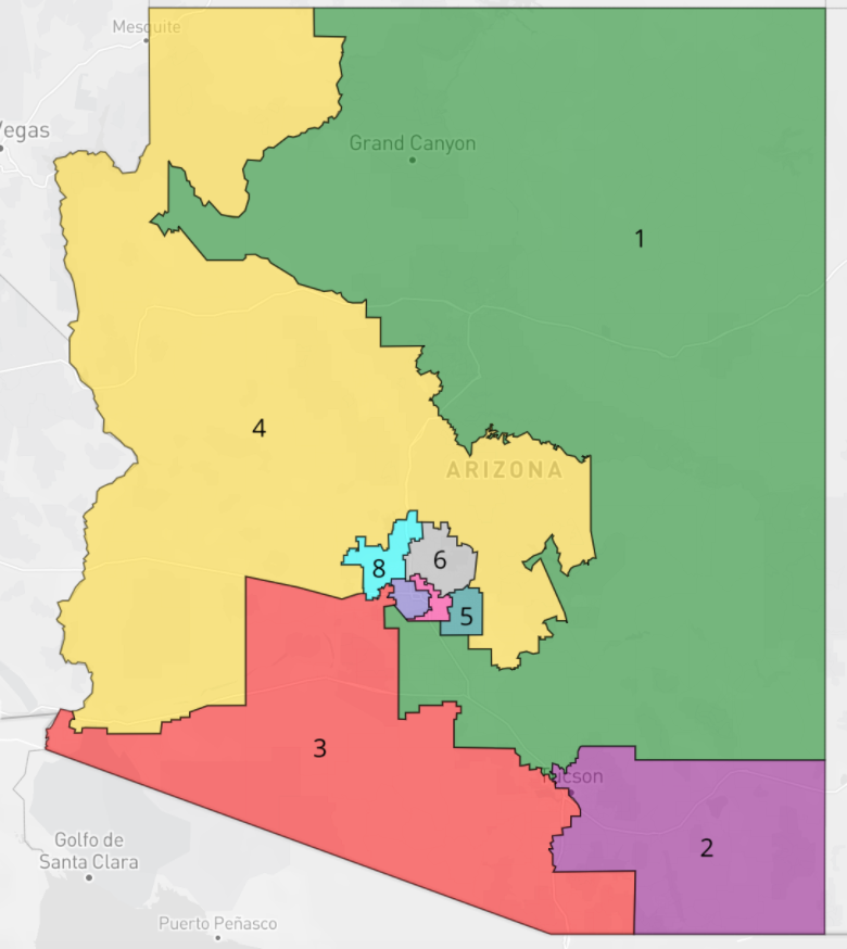 ARIZONA: is poised to add a seat, its 7th straight decade with a gain. Perhaps fittingly after last decade's chaos, the commission has chosen a psychologist/life coach as its chair. For reference, the current map (5D, 4R) is below...