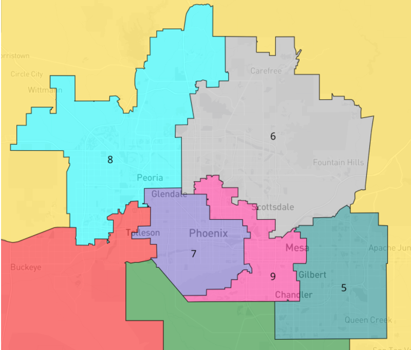 ARIZONA: is poised to add a seat, its 7th straight decade with a gain. Perhaps fittingly after last decade's chaos, the commission has chosen a psychologist/life coach as its chair. For reference, the current map (5D, 4R) is below...