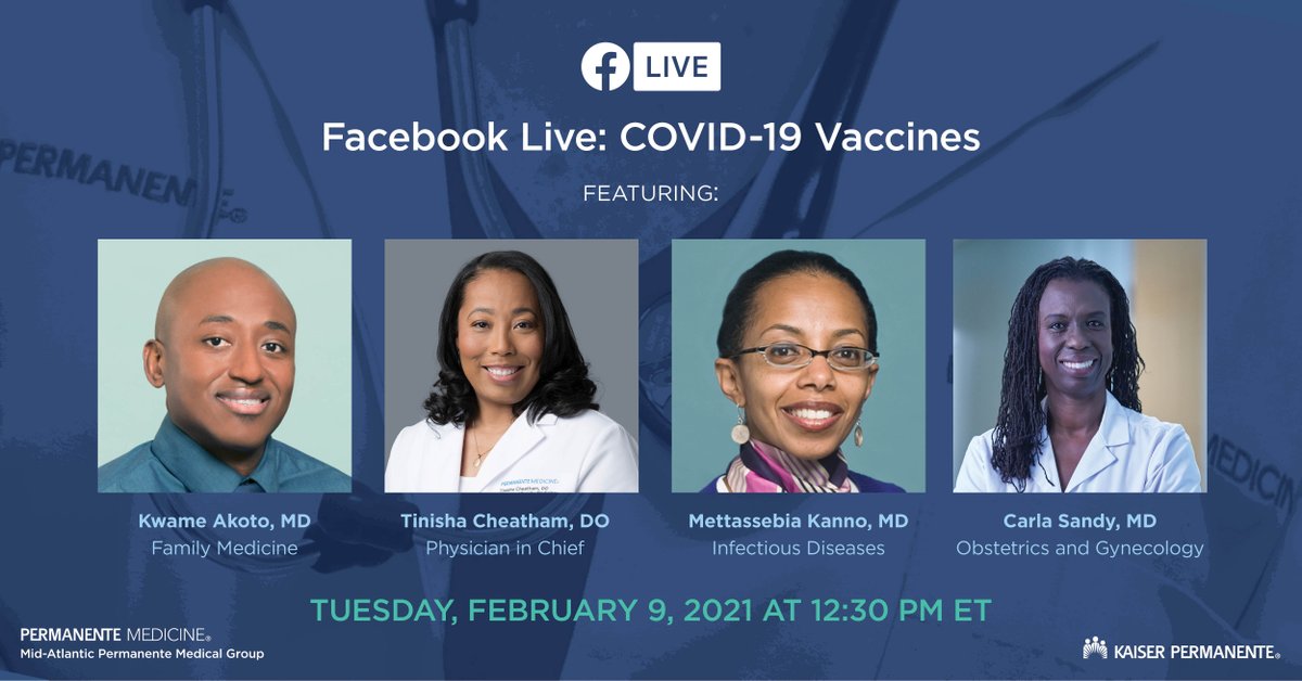 MdAtlPermanente's tweet photo. #PermanentePhysicians are going LIVE on Facebook 2/9 at 12:30 to answer questions about the #COVIDvaccine. Join us to get info you can trust on #COVID19 vaccine safety, efficacy, and more. https://t.co/Y9anwh1OS4 #PermanenteMedicine https://t.co/2S3sMYW9qp