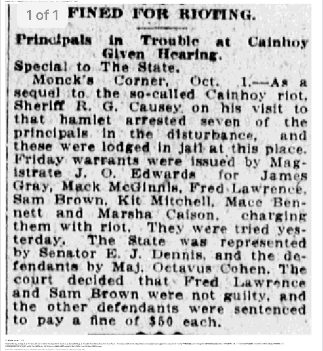 The seven "ringleaders" of the supposed riot were arrested and charged. Fred Lawrence, my great-grandfather, was one of them. He and Sam Brown were acquitted. The rest were convicted and charged a $50 fine. (I believe this would have been well over $1000 dollars in today's money)