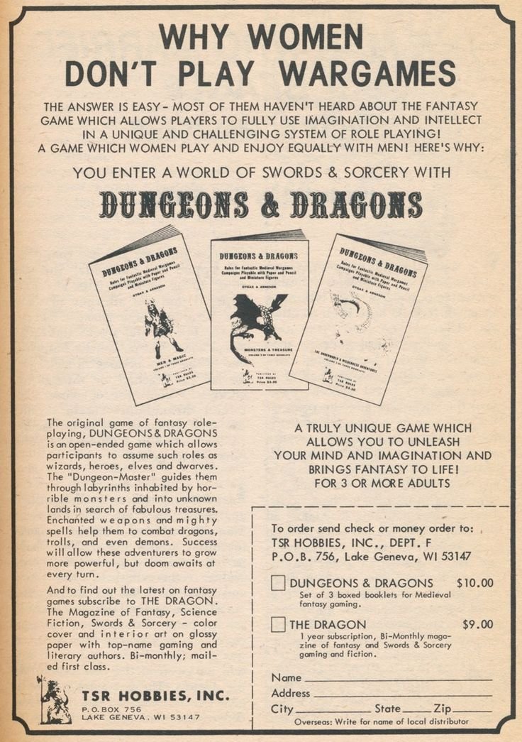 From the beginning TSR tried hard to shake off the 'boys in basements' image of role-playing games. Mary Elise Gygax fronted some of the early TSR marketing, though by today's standards it does look a bit corny.